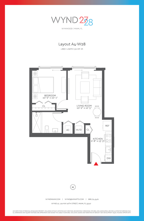 Floor plan for 1 bed, 1 bath, 571 sqft